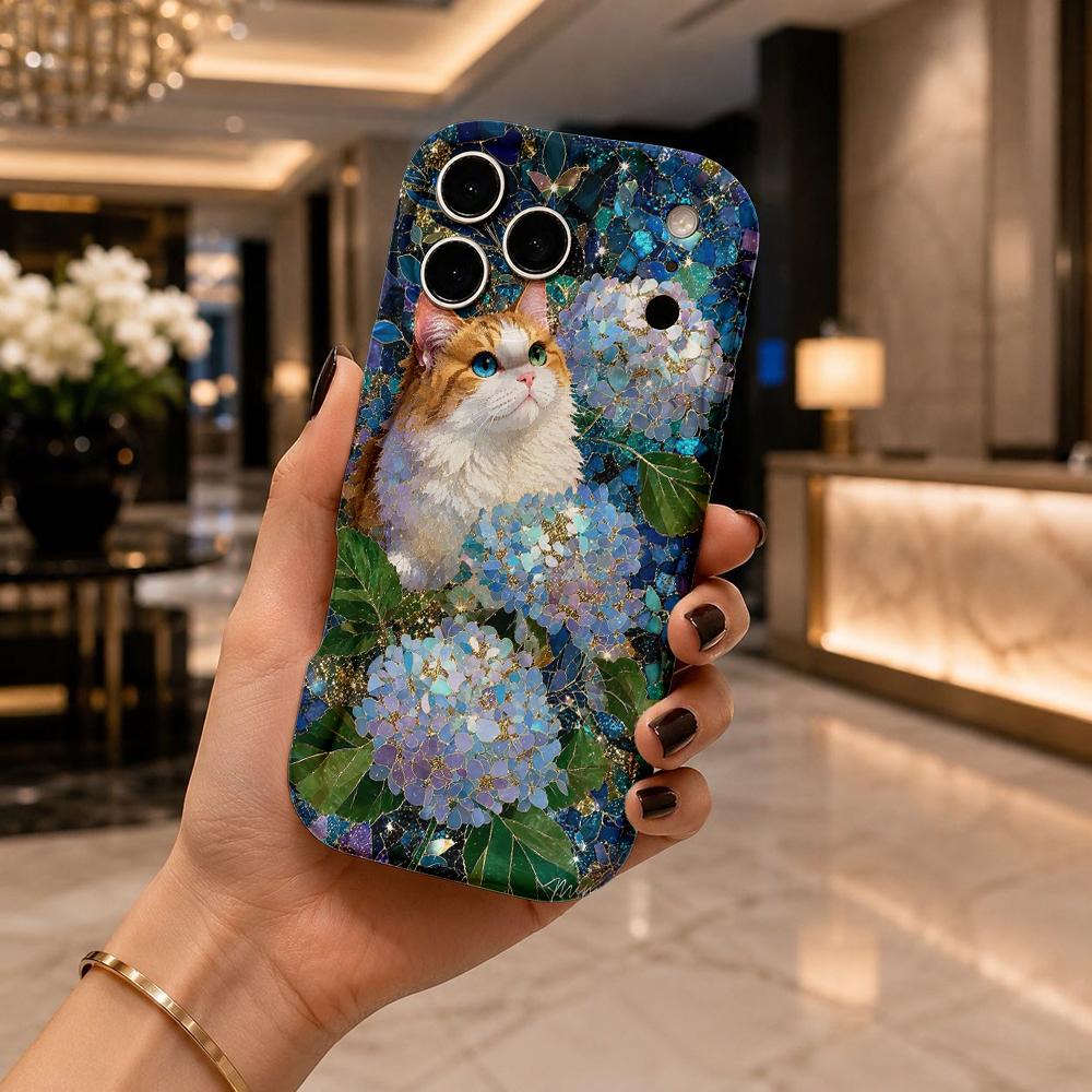 Orange Cat Blue Hydrangea Wavy Edge Phone Case For iPhone 16 15 14 Pro Max 13 12 11 Mini XR XS SE 2020 7 8 Plus Air Cover