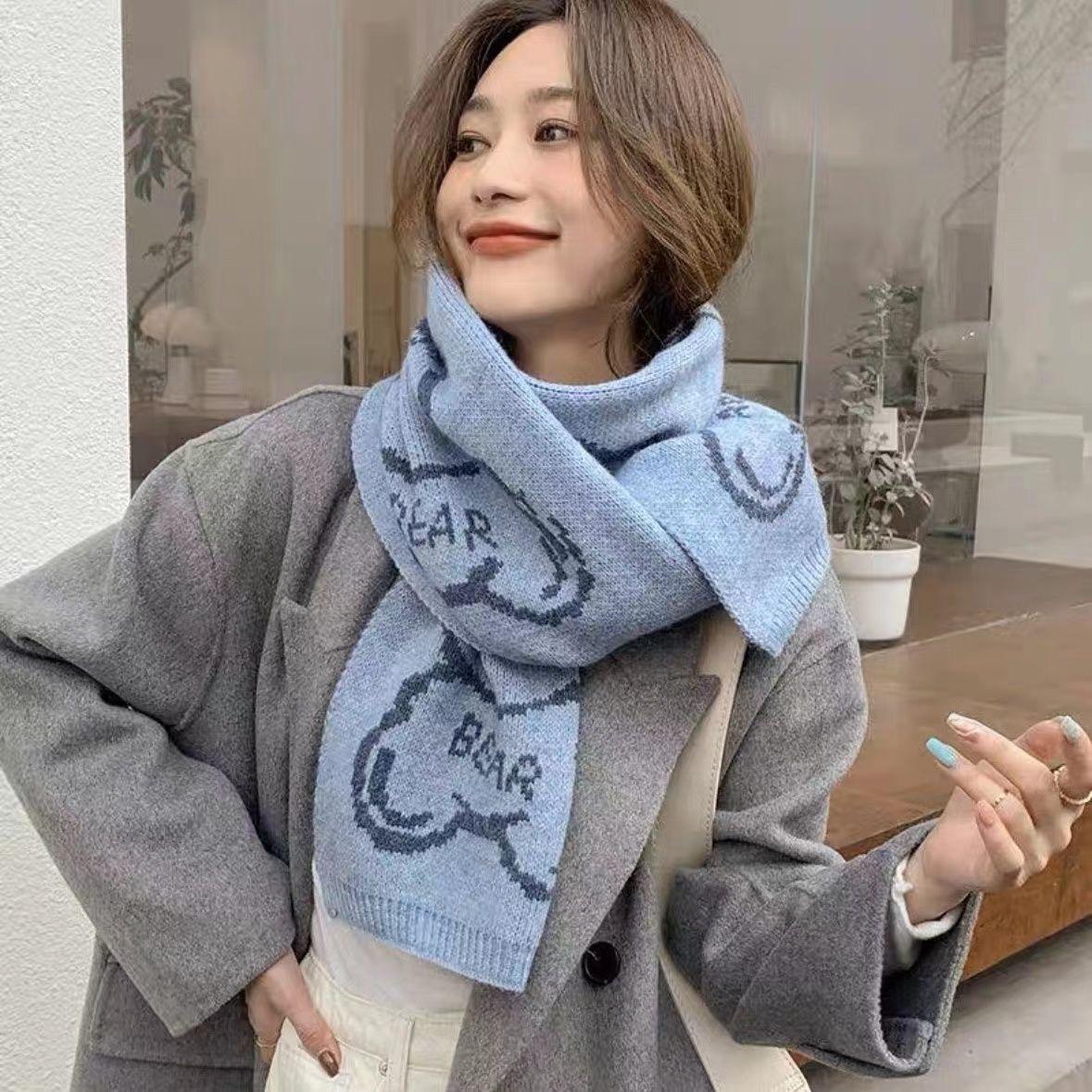 

Новый корейский мультяшный шарф с медведем для женщин на зиму, милый шарф-шаль с утолщением для девочки, теплый вязаный 35*175cm