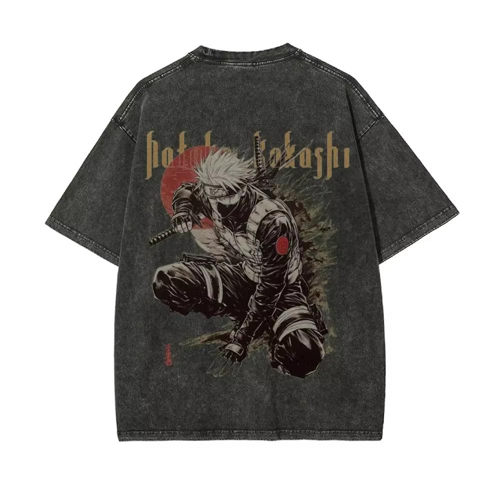 Naruto Kakashi Hatake T Shirt Sharingan Vintage Acid Wash Streetwear Retro Anime Graphic Cotton Men Tees Clothing