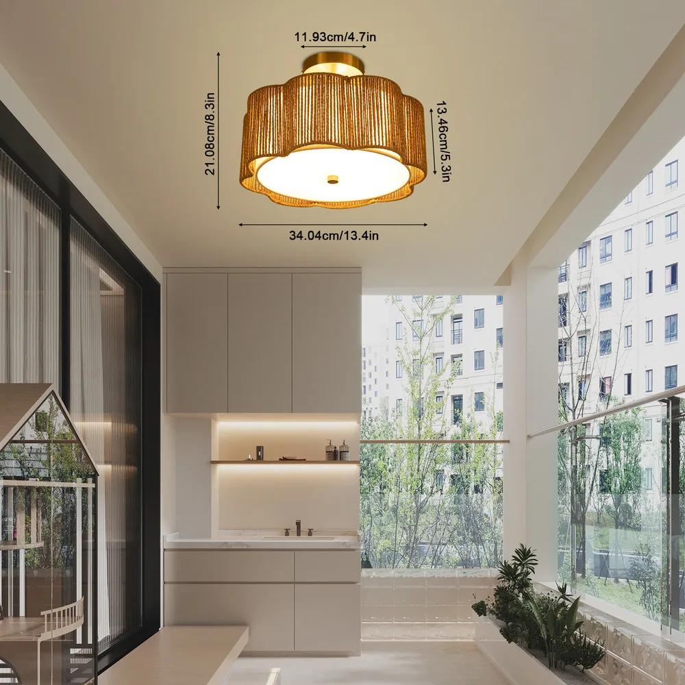 

Bymaocar 3-light Rustic Semi Flush Mount Ceiling Light E26 Rattan Flower-shaped Shade Fixture Indoor Lamp Wall Switch Control