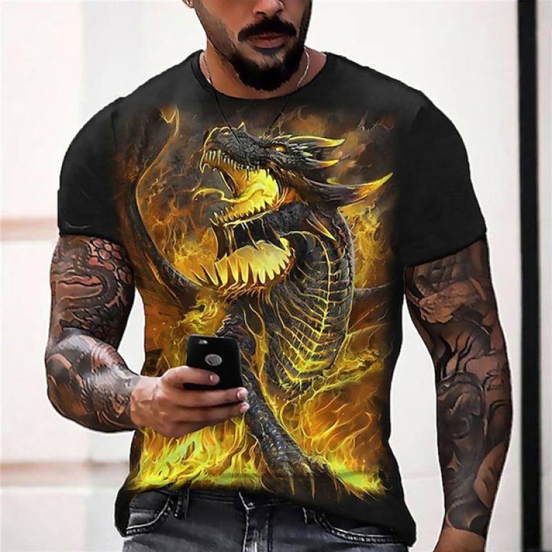1984 Trend Men 3D tištěný dračí vzor s krátkým rukávem Nová letní móda Pánské retro tričko Y2K s krátkým rukávem