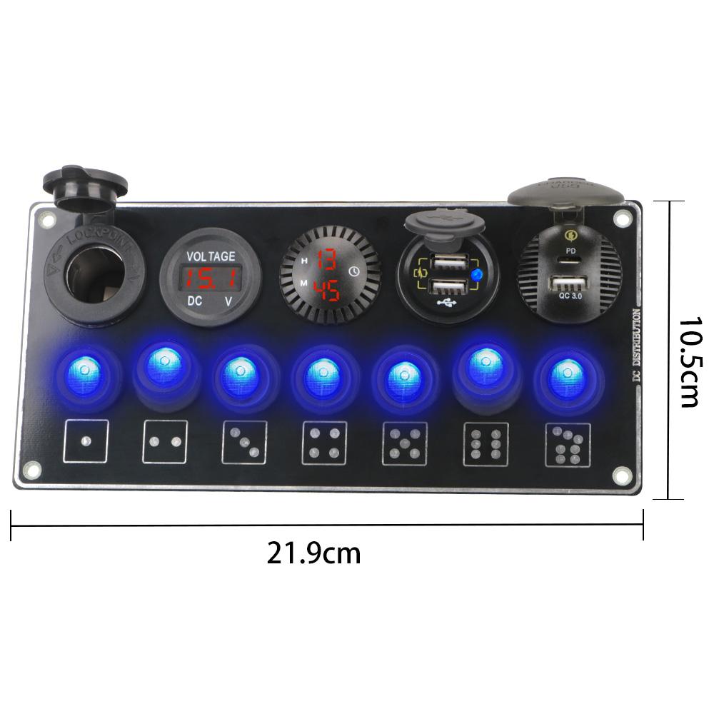 Car Switch Panel for Truck Boat RV Waterproof Dual USB Socket Charger ON-Off Rocker Toggle 7 Gang QC3.0 & PD Quick Charge