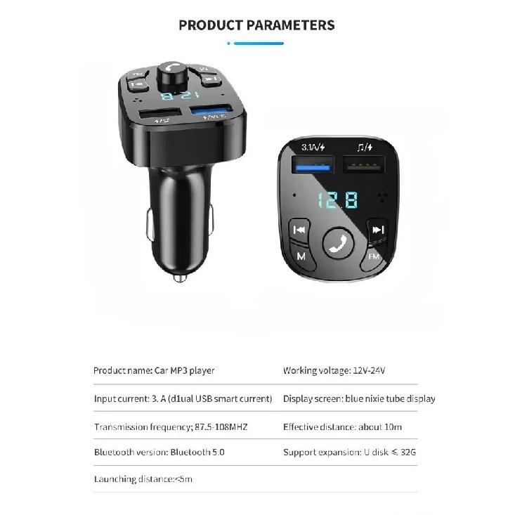 Car Bluetooth 5.0 FM Transmitter, Dual USB Fast Charger MP3 Player Wireless FM Receiver Car Kit Support USB Flash Drive