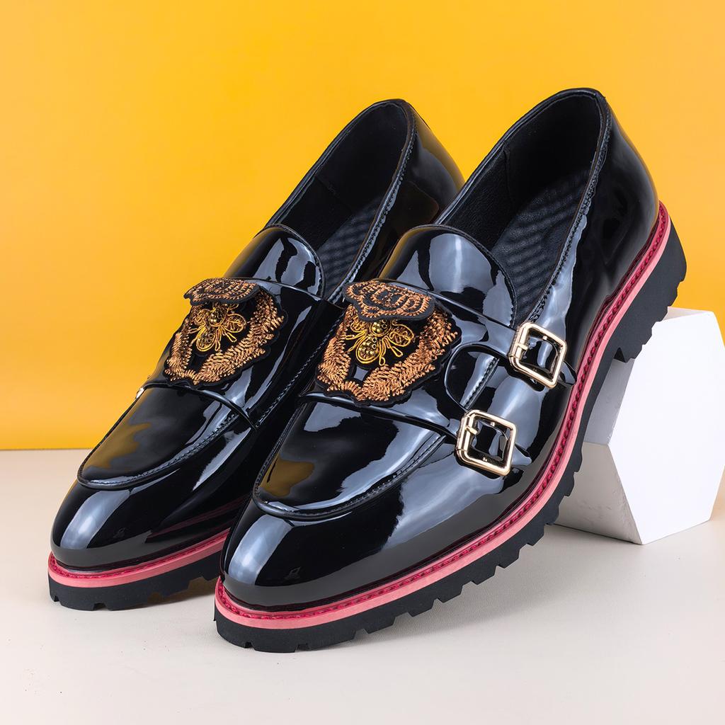 Retro Designer Social Business Dress Leather Shoes Men's Slip On Loafers Fashion Double Buckle Bee Crown Embroidery Office Shoes