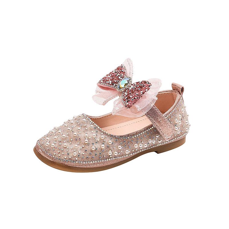 2024 Sweet Children's Leather Shoes Pearl Rhinestone Party Shoes for Baby Girl Non-slip Causal Kids Fashion Princess Flat Shoes