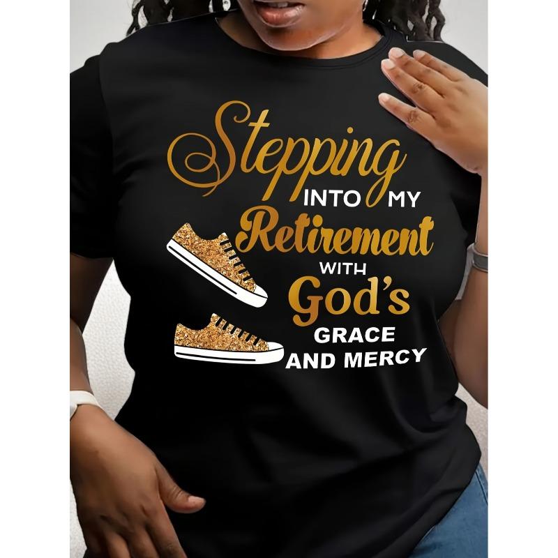 

Stepping Into My Retirement Religious Print T-Shirt Crew Neck Casual All-Season Top 4XL чорний