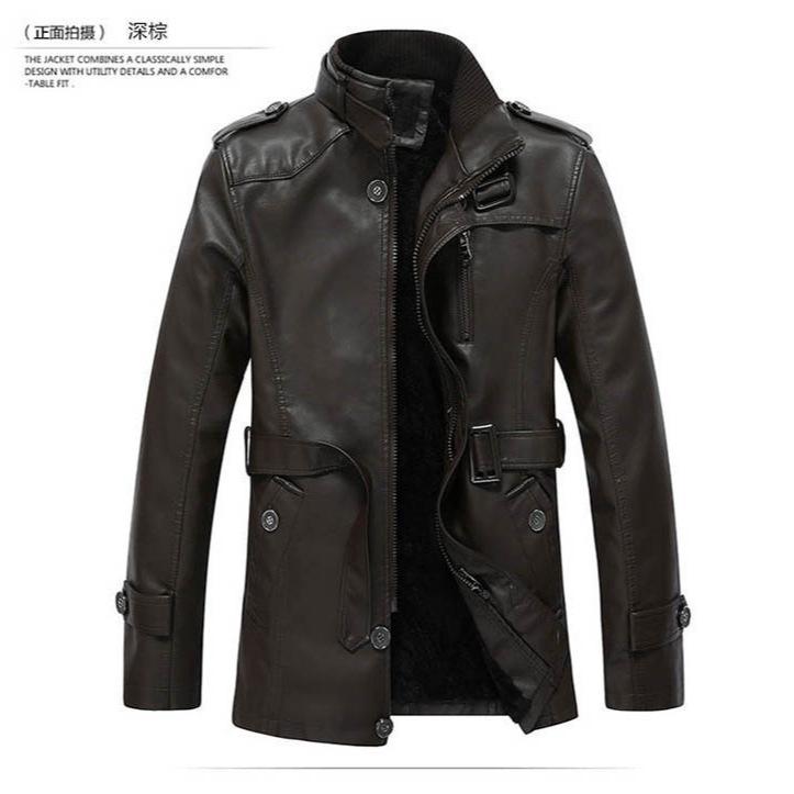 Men's stand-up collar leather jacket medium and long European and American original single fleece thickened locomotive imitation leather jacket