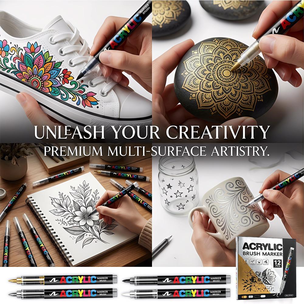 Gold and Silver Direct-Flow Acrylic Markers Art Highlighters DIY Black Card Journaling Pens Soft-Tip Painting Markers