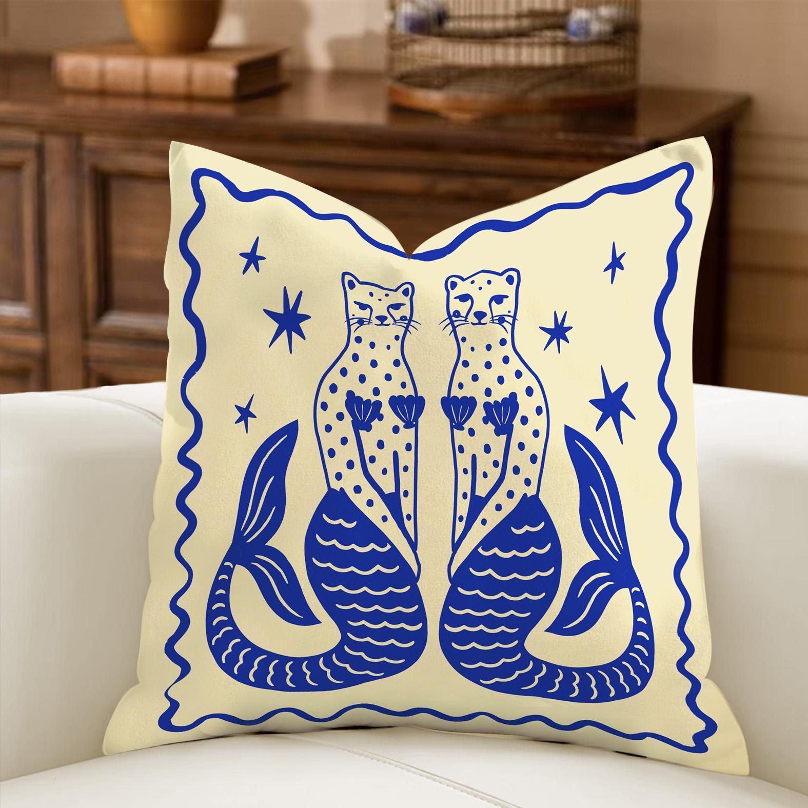1 Stuk Mediterrane Zomer Kussenhoes, Nautisch Gestreept Kust Sardine Kreeft Zeemeermin Patroon Kussenhoes, Dolce Vita H Peach skin 18*18(CM)-1Pcs blue