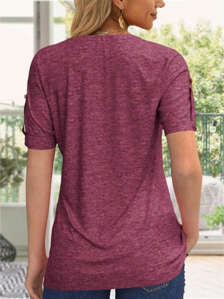 Women's Pleated V Neck T-Shirt Short Sleeve Solid Color Zipper Summer Casual Top