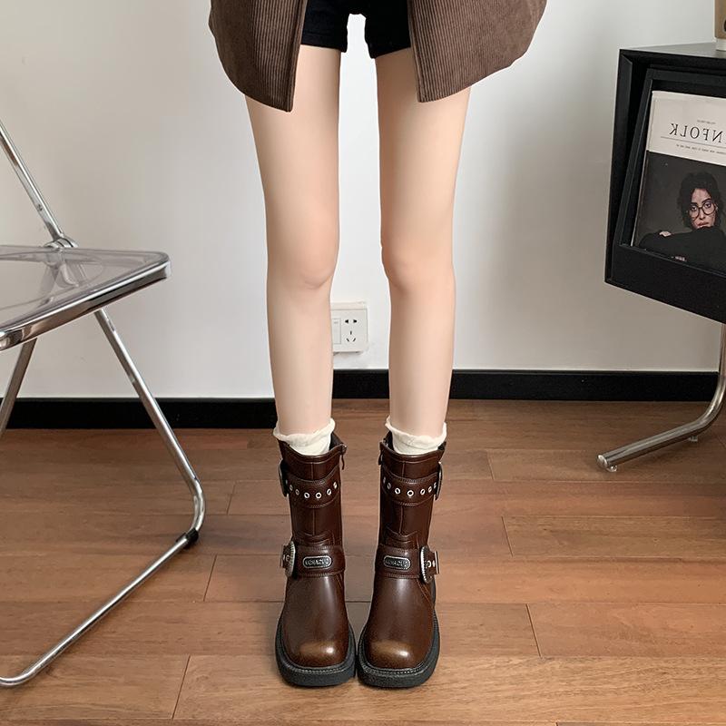 2025 Autumn and Winter New Breathable Pile Western Boots Medium Tube Retro Square Head Knight Boots Belt Buckle Martin Boots Short Boots
