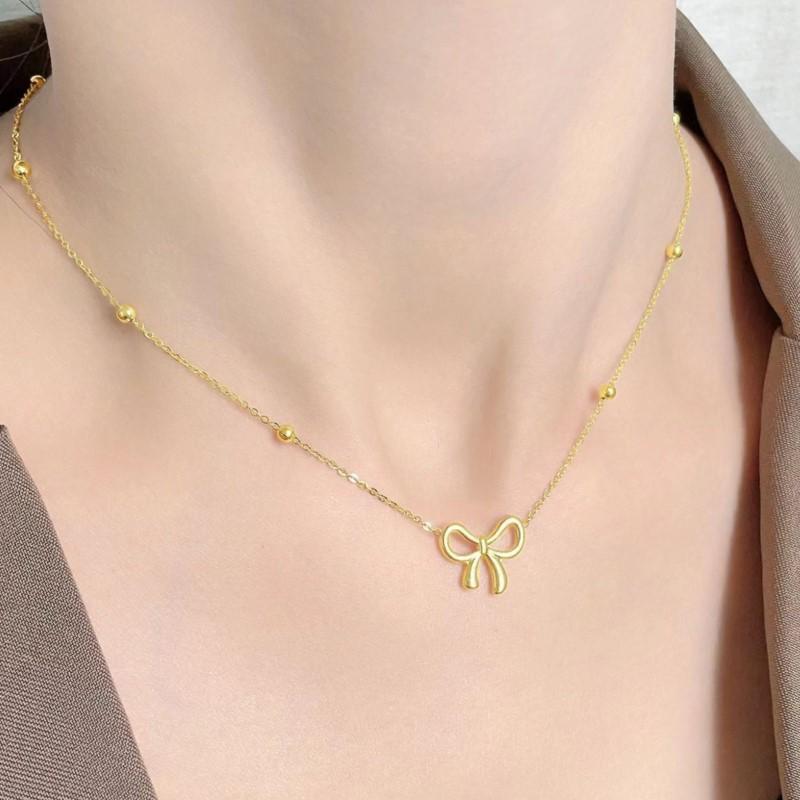 316L Stainless Steel Bowknot Pendant Necklace for Women Trendy Beads Choker Chain Necklace Party Jewelry Accessories