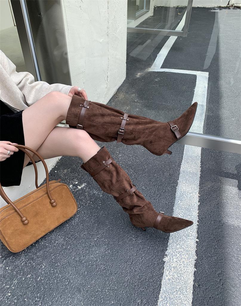 Pointed big tube around piled boots niche design retro western cowboy boots thick heel hot girl fashion sense long boots women