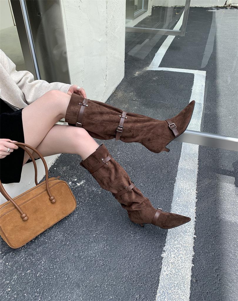 

Остроносые высокие трубы вокруг собранных ботинок нишевый дизайн ретро западные ковбойские сапоги толстый каблук чувство моды горячей девушки длинные сапоги женские 39 светло-коричневого