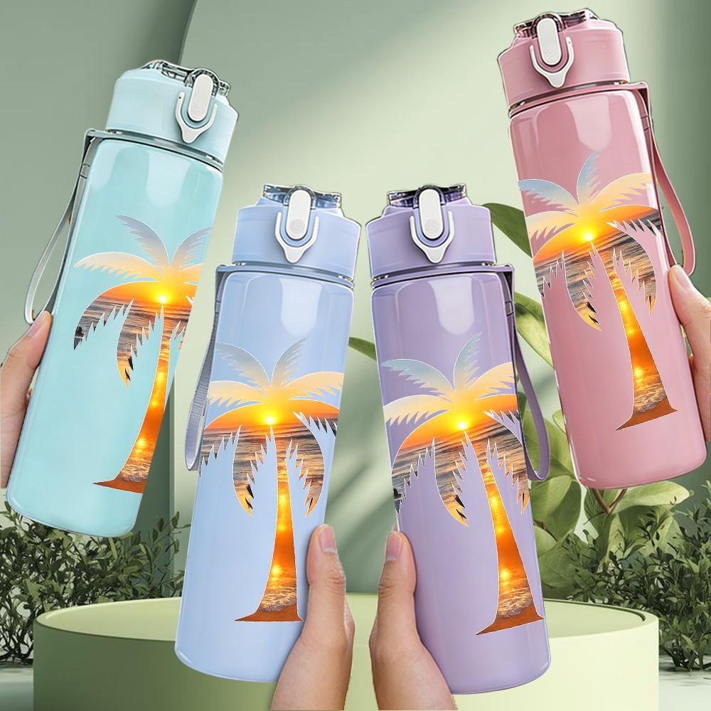 1PC Tropical Palm Tree Island Summer Print 750ml Color Plastic Sports Water Bottle Leakproof Flip Straw Lid Suitable for Sports Office Home Use