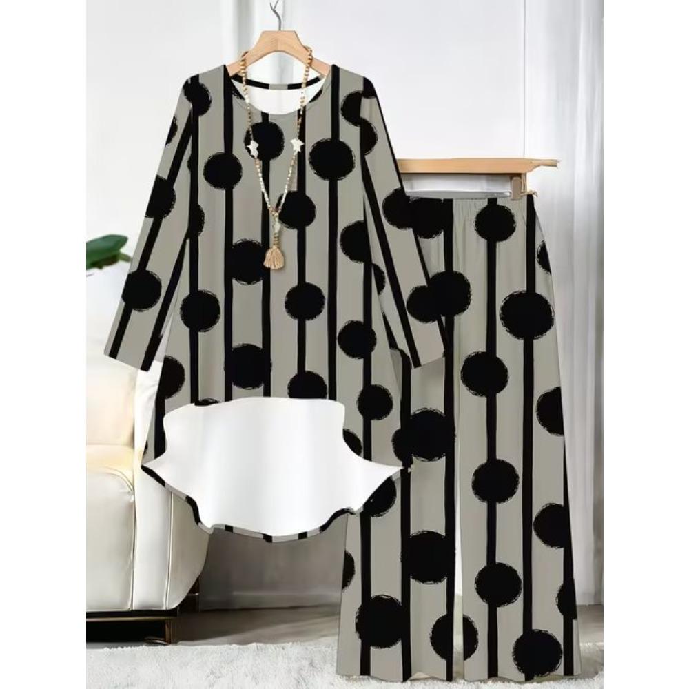 Geometric Pattern Print Two Piece Outfit Women Long Sleeve Irregular Hem Tunic Top Wide Leg Pants Casual Matching Set