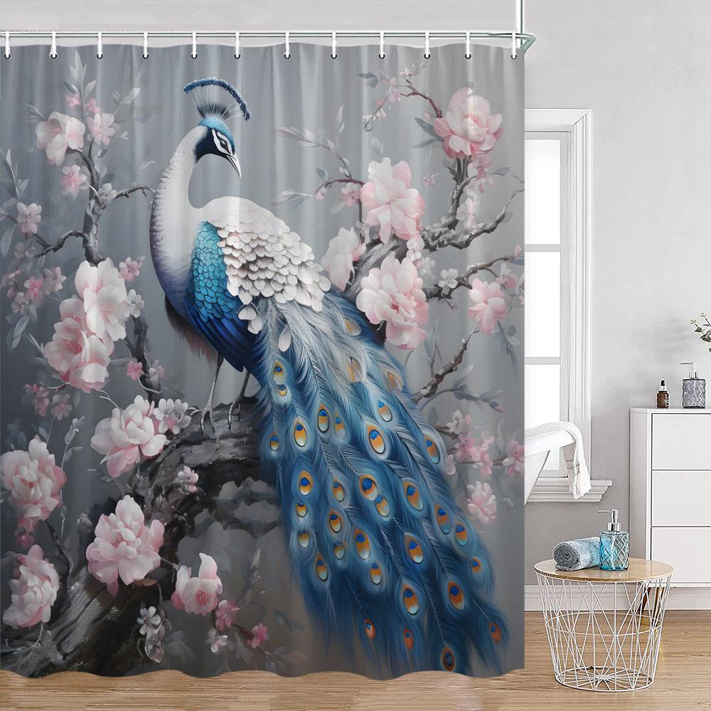 Peacock Shower Curtain Beautiful Blue Bird Pink Flower Tree Chinese Style Elegant Bath Curtain Modern Bathroom Decor with Hook