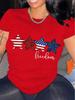Women's Patriotic Star Print T-Shirt  Bohemian Short Sleeve Top with American Flag Design  Red Glitter Stars Freedom Text Casual