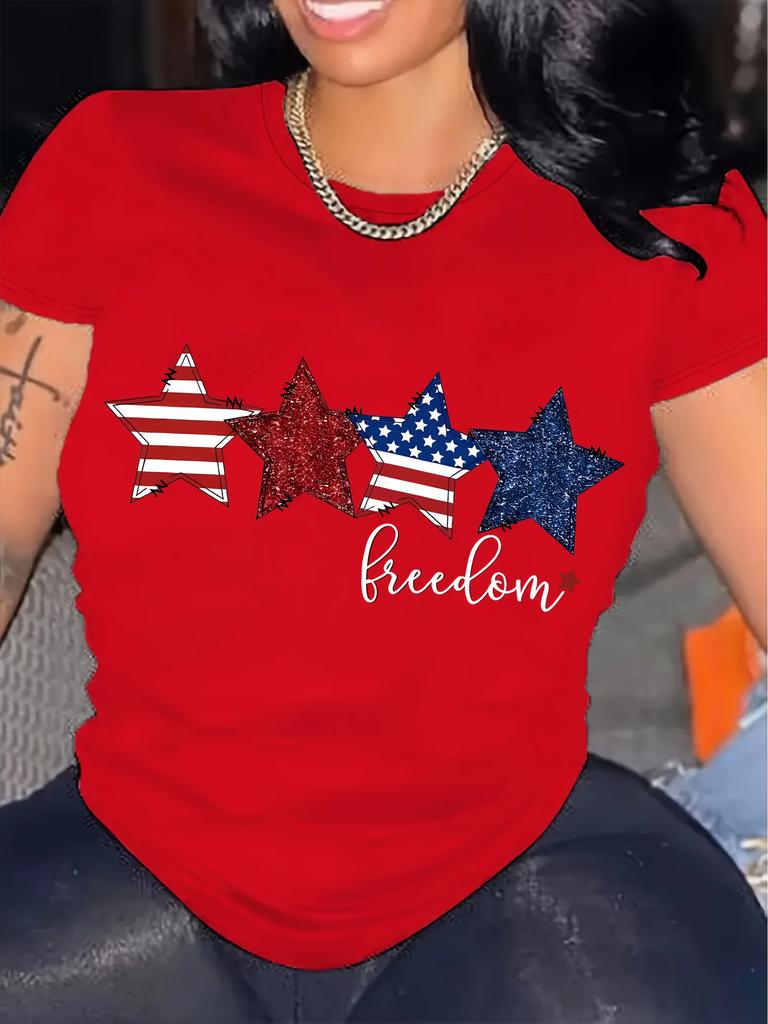 Women's Patriotic Star Print T-Shirt  Bohemian Short Sleeve Top with American Flag Design  Red Glitter Stars Freedom Text Casual
