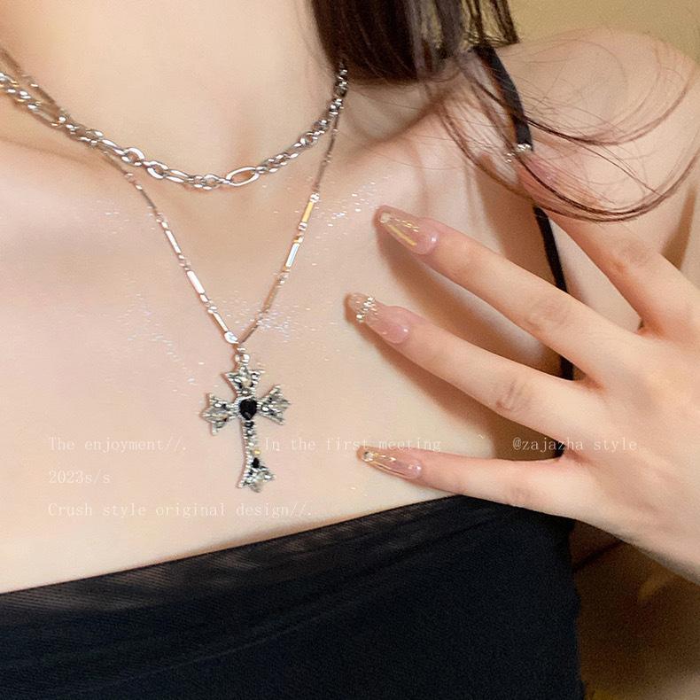 Dark zircon cross beaded necklace female summer tide long double-layer stacked neck chain niche light luxury collarbone chain