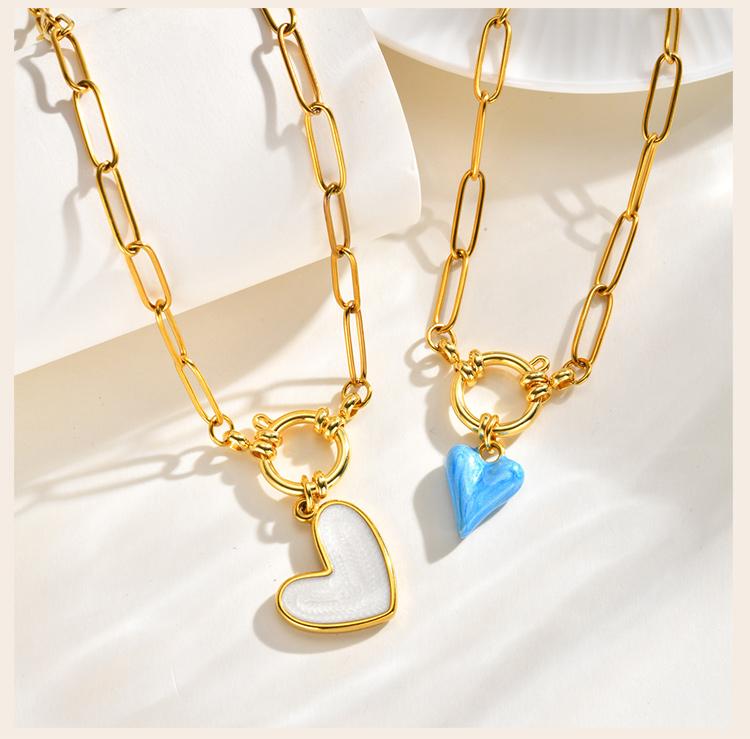 Romantic Heart Pendant Necklace Gold Plated Stainless Steel Paperclip Chain Enamel Love Shape Waterproof Aesthetic Mother Gift