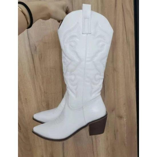 Gold Mid-calf Boots Woman Side Zipper Silver Pointed Western Cowboy Boots Retro Fashion Black Boot Plus Size 36-43 Women Shoes