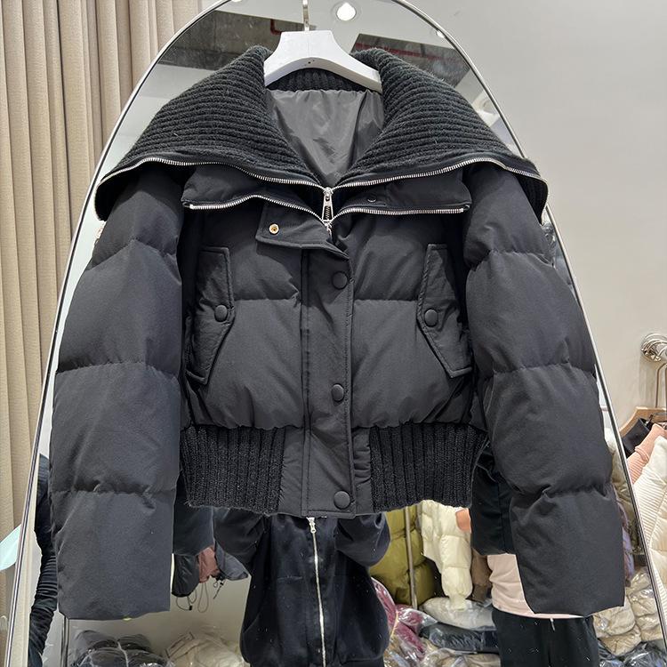 Knitted large lapel neck high waist short down jacket women's thickened bread jacket foreign style sweet white duck down jacket tide