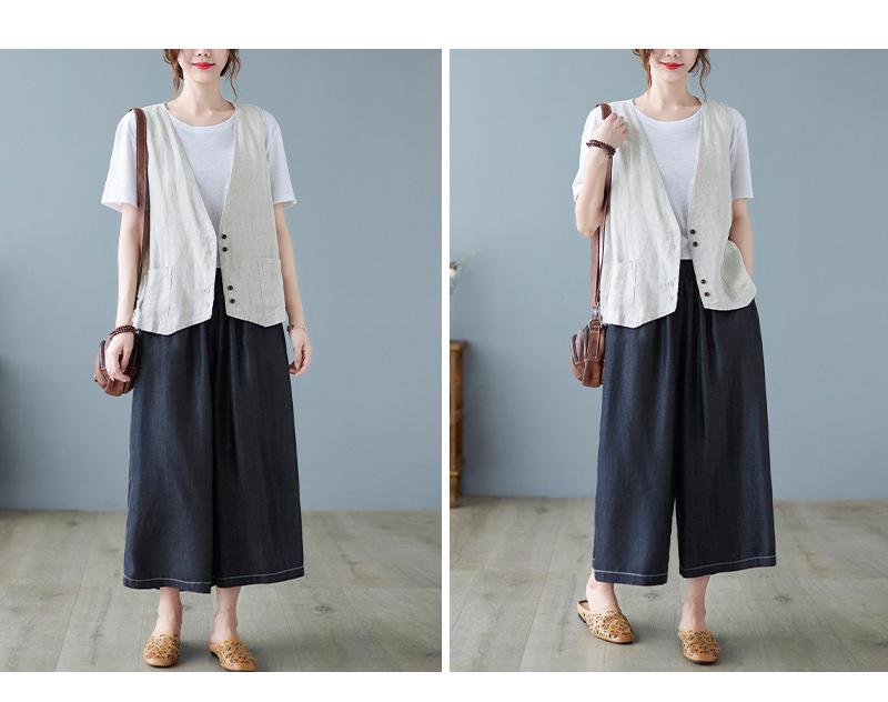 2025 Summer Women's Solid Color Sleeveless Cotton Linen V-Neck Vest