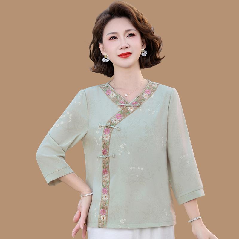 

Summer Cotton Linen Two-Piece: Chinese-Style T-Shirt & Top Set for Middle-aged Women 2XL 231-264 lbs