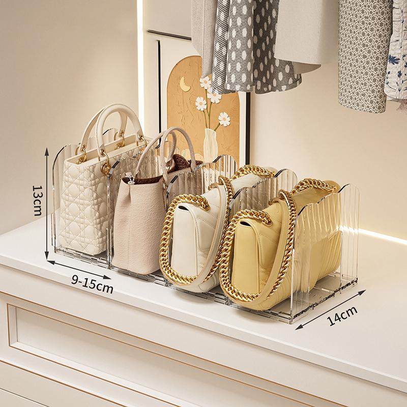 Scatola portaoggetti per borse in stile minimalista, Divisore per armadio, Porta borse, Organizzatore per armadio, Portaoggetti trasparente per borse.