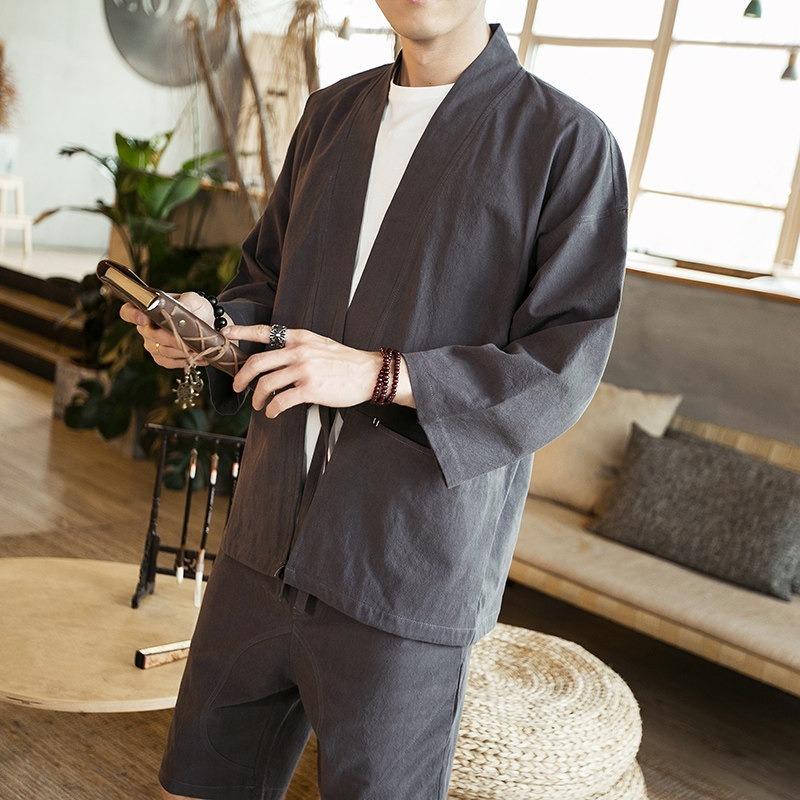 Men Chinese Style Retro Japanese Loose Open Front Cardigan Jacket Summer Outerwear