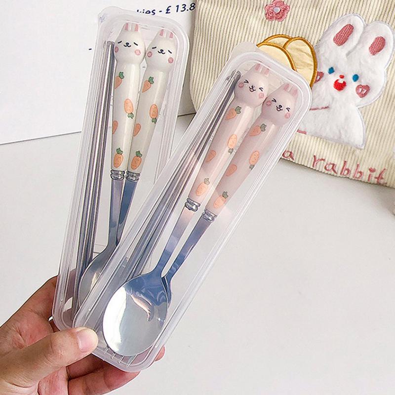 Cute Cutlery Set Cartoon Bunny Stainless Steel Cutlery Kit Mirror Polished Flatware Sets Spoon and Fork Set in Storage Box