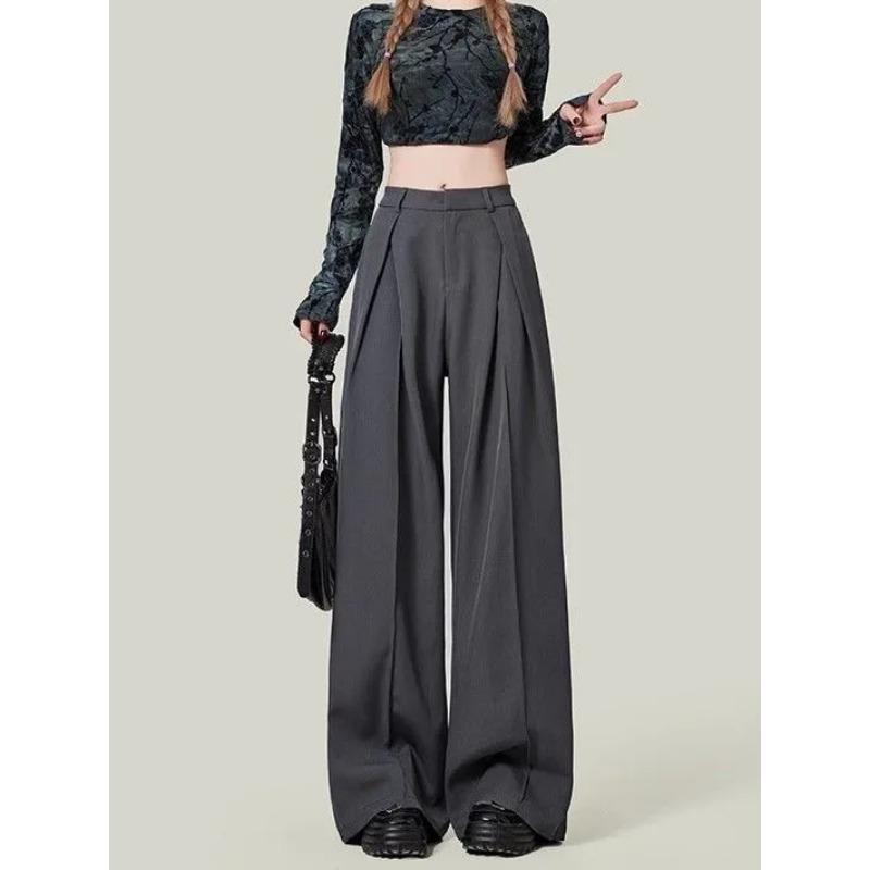 

Women s High-Waisted Wide-Leg Pants - Pleated Loose-Fit Formal Office Trousers S сірий колір