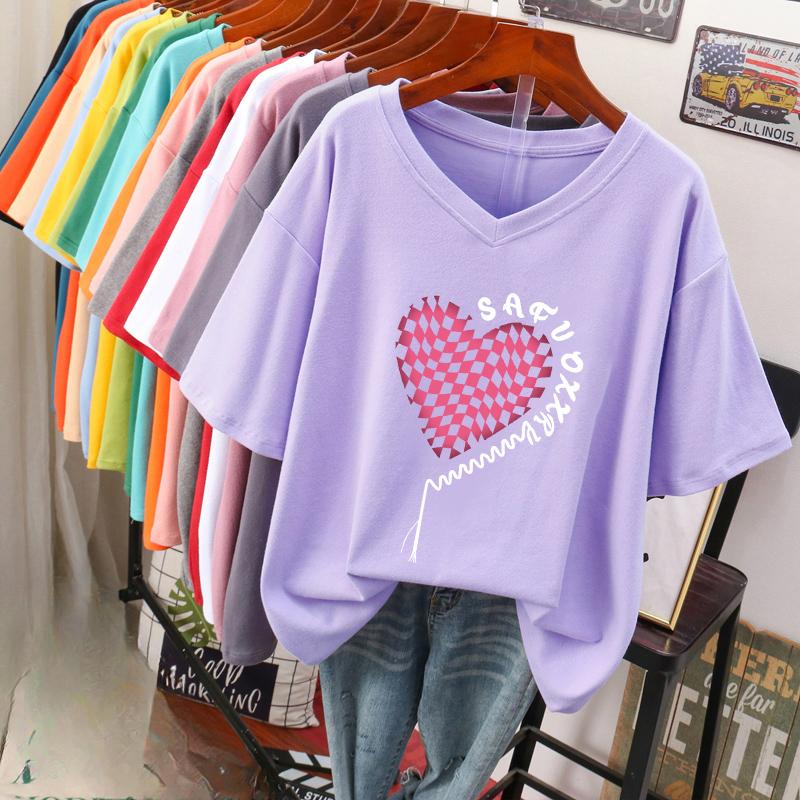 Camiseta de manga curta, Solta, Top V-neck Estampado Emagrecedor para Mulheres