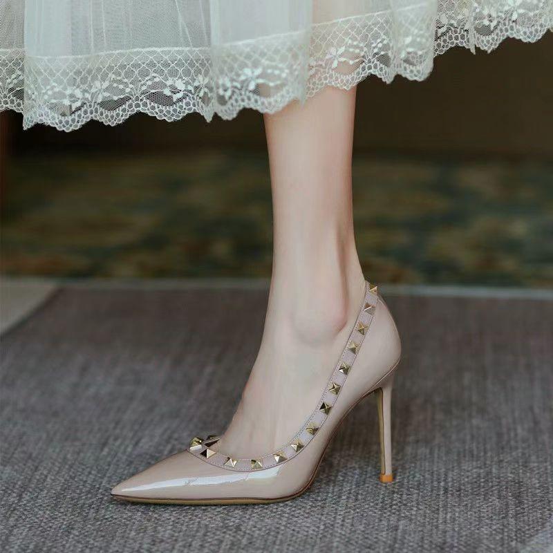 Fashion Shoes for Women 2024 Slip on Women's High Heels Fashion Party Pumps Women Rivet Pointed Toe Shallow Thin Heels Shoes Female