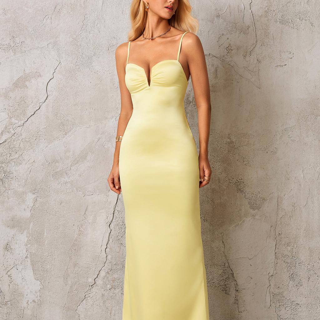 Fashion Temperament Spice Girl Satin Suspender Dress, Sexy Backless V-neck Slim and Thin Hip Dress Long Dress