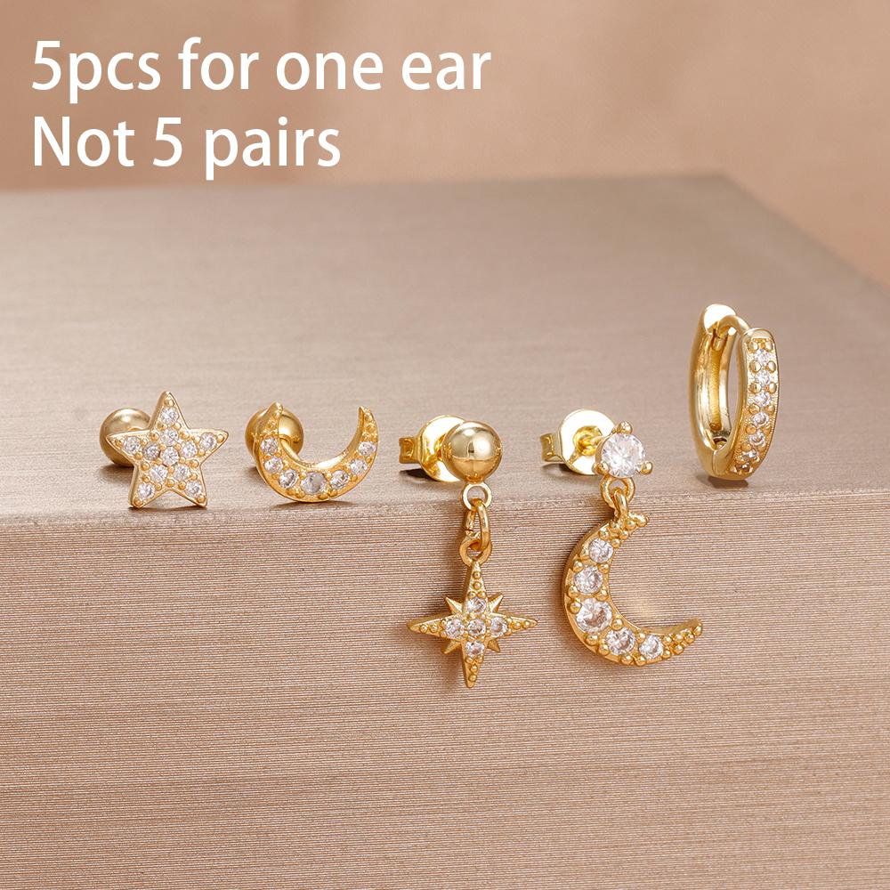 5PCS Stainless Steel Star Moon Minimal Hoop Earrings Set Small Helix Tragus Cartilage Huggie Piercing Earring Women's Jewelry