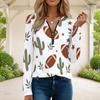 Women Plus Size Half Zip Round Neck Long Sleeve White Football Printed T Shirt