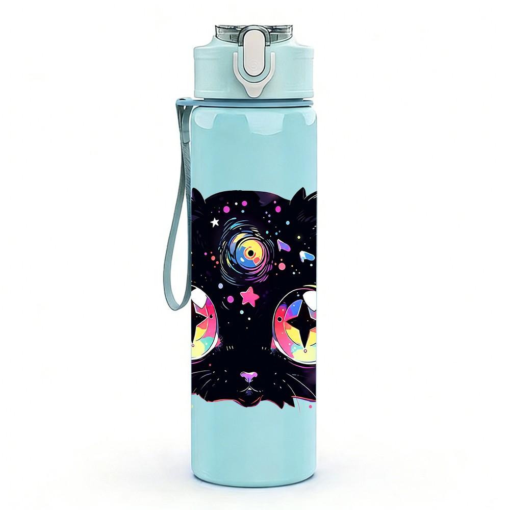 1PC Big Eyed Black Mystic Cat 750ml Color Plastic Sports Water Bottle Leakproof Flip Straw Lid Suitable for Sports Office Home Use