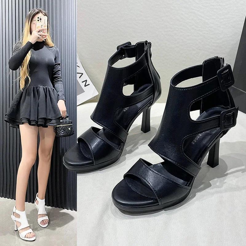 Fashion 2024 summer New Women's Fashion Belt buckle Hollowing out High heels Rear zipper Exposed toe Slender heel Rome Sandals