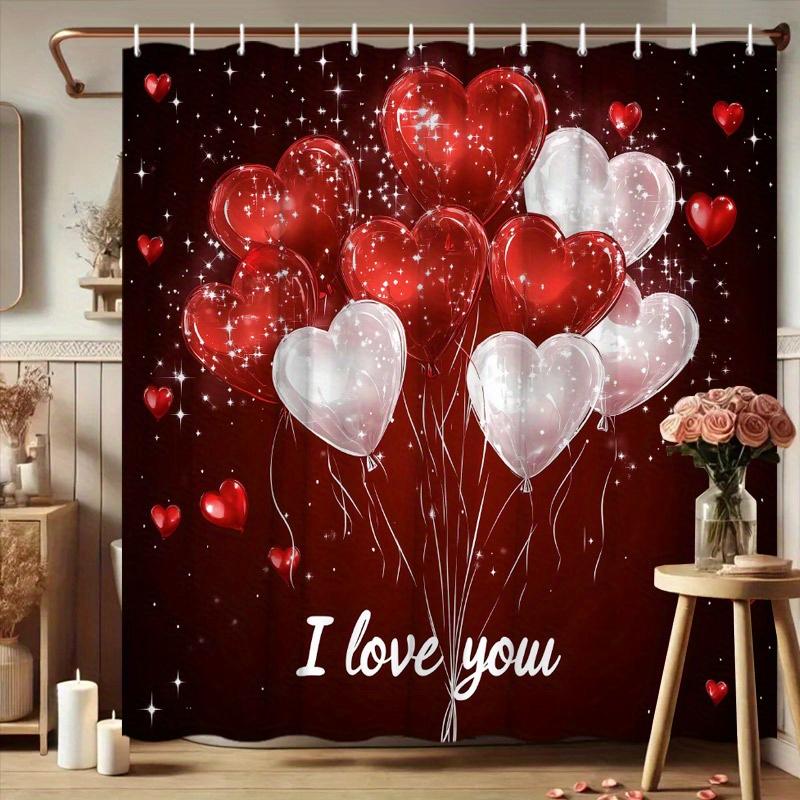 Valentine's Day Shower Curtain - Romantic Red Pink, Love Balloon Design, 12 Hooks, Home & Hotel Decor