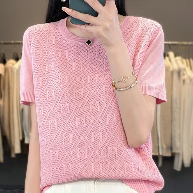 Neuer Sommer Eis Seide Rundhals Pullover für Damen Kurzarm T-Shirt Jacquard Locker Vielseitig Gestricktes Basic-Shirt