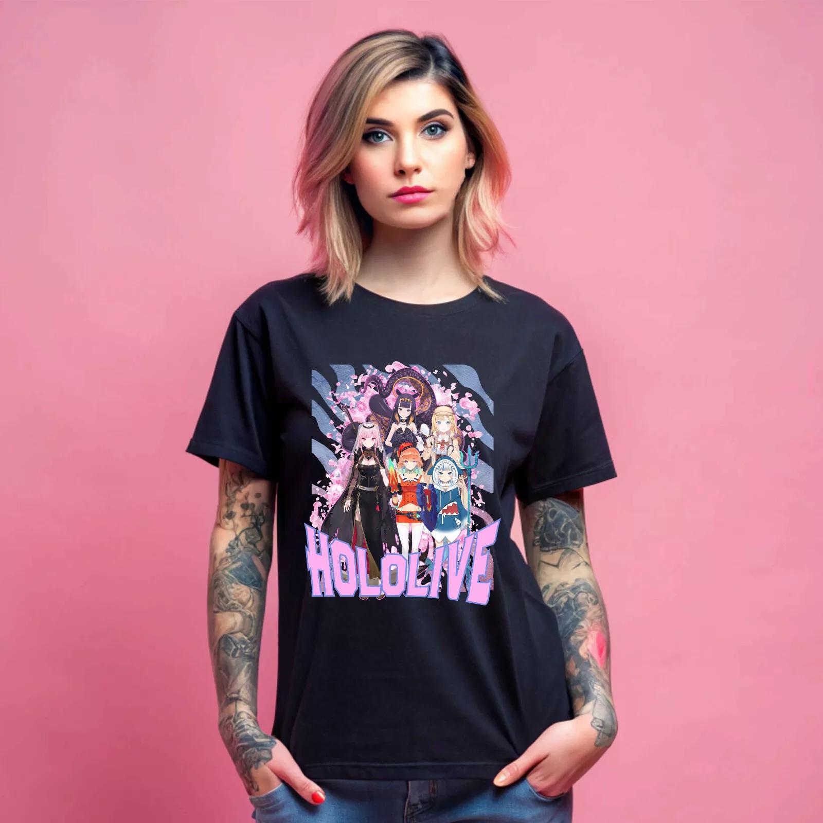 

100% cotton TOPS UNISEX TEES MENS WOMENS Anime NYC 2023 Hololive Meet Tshirt Black Shirt Best anime Manga Gift shirt 207 XL чёрный