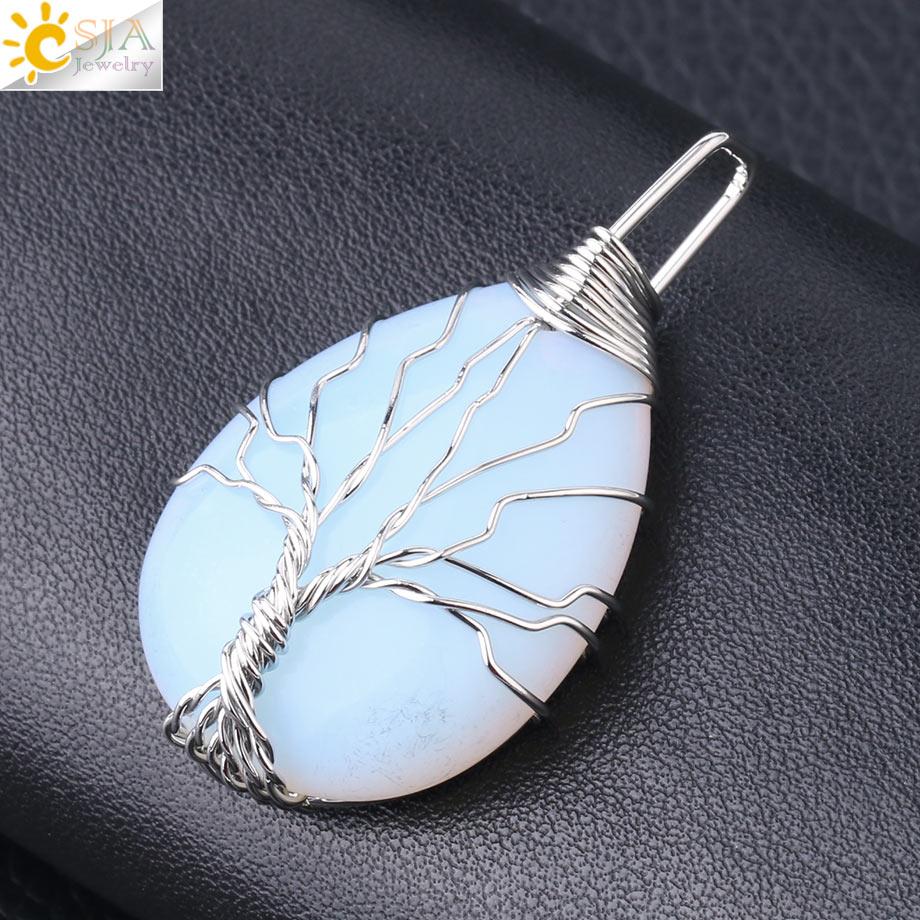 CSJA Tree of Life Crystals Necklace Pendant Water Drop Natural Stone Necklaces Wire Wrap Rose Amethysts Quartz Tiger Eye G953