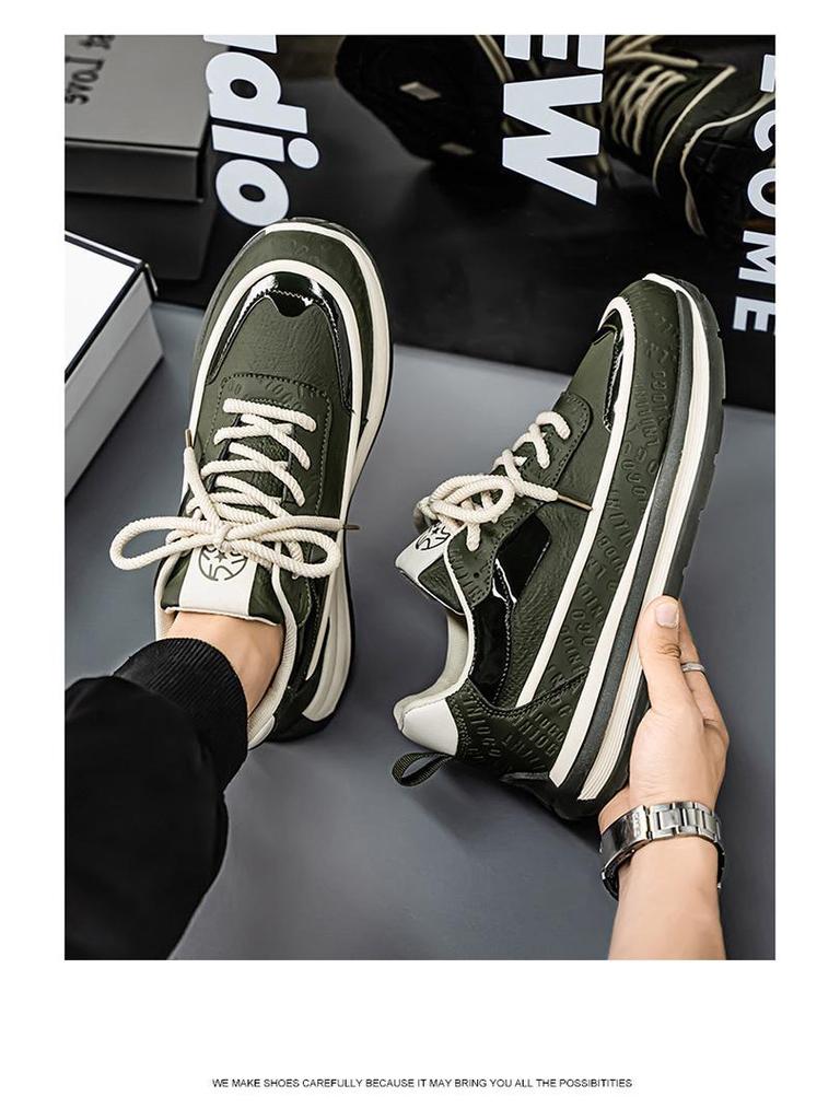 Men's 2025 Spring Breathable Leather Sneakers - Trendy Versatile Thick-Soled Casual Dad Shoes