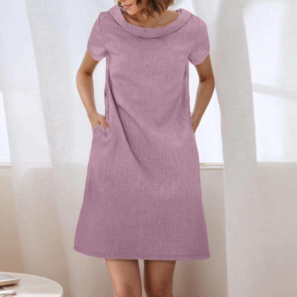 Damenkleid Sommer Lässig Locker Kurzarm Strandhemdkleid Mit Taschen