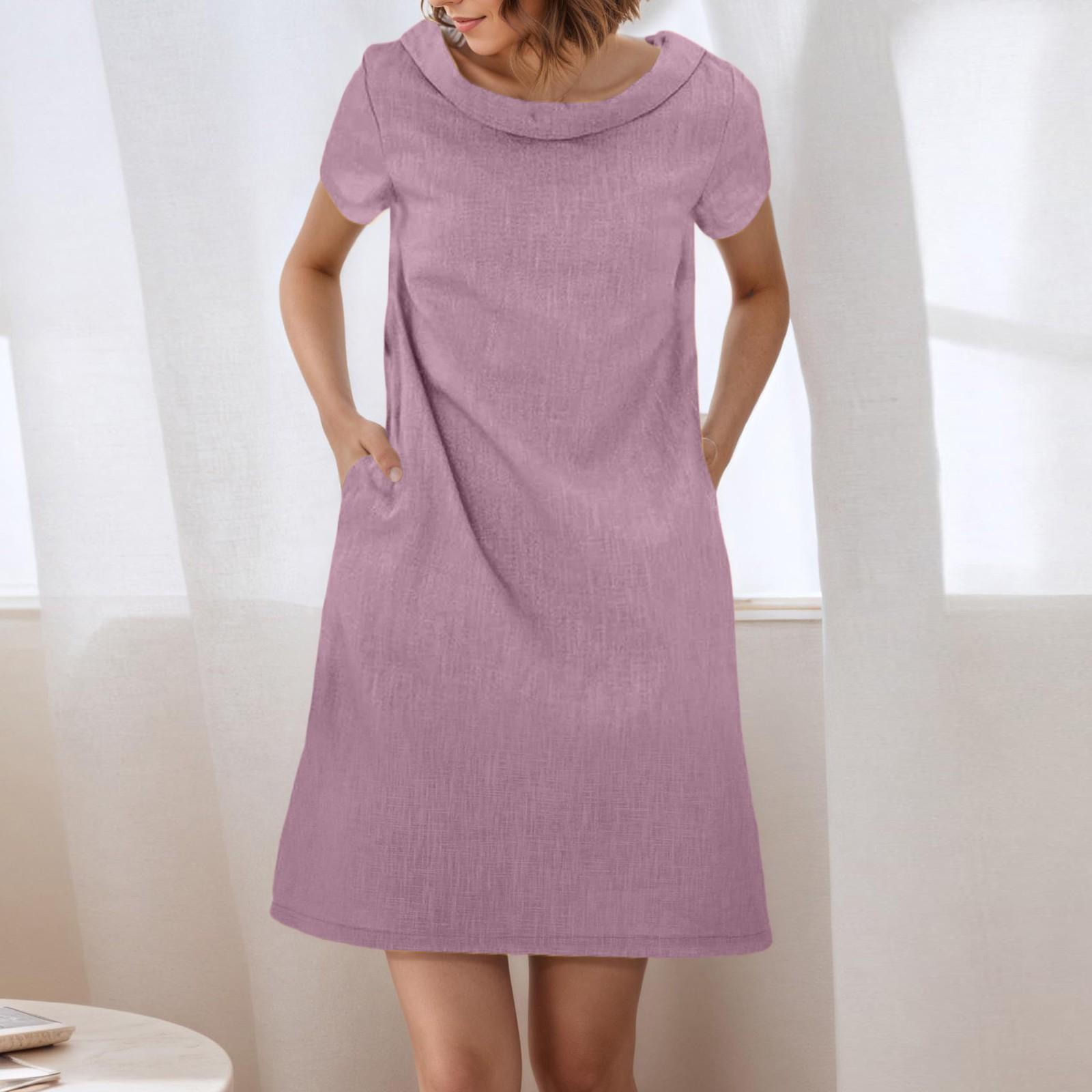 Womens Dress Summer Casual Loose Short Sleeve Beach Shirt Dress With Pockets XL фиолетовый