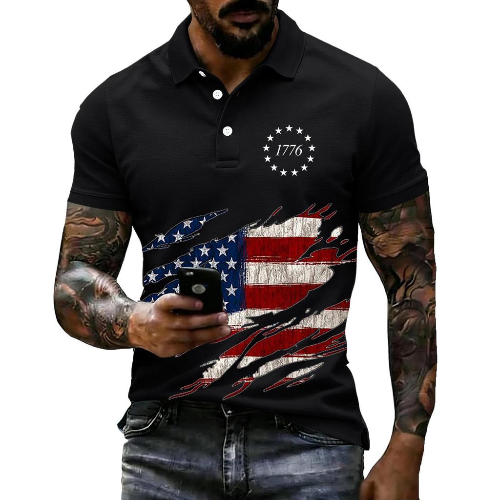 Men's Loose Fit Casual Polo Shirt Short Sleeve Flag Print 1776 Graphic Design Button Collar Summer Top