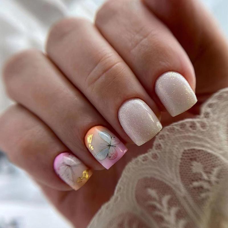 24Pcs Simple Yellow Press On Nails With White Flower Design Short Square Fake Nails Full Cover Detachable Nail Tips