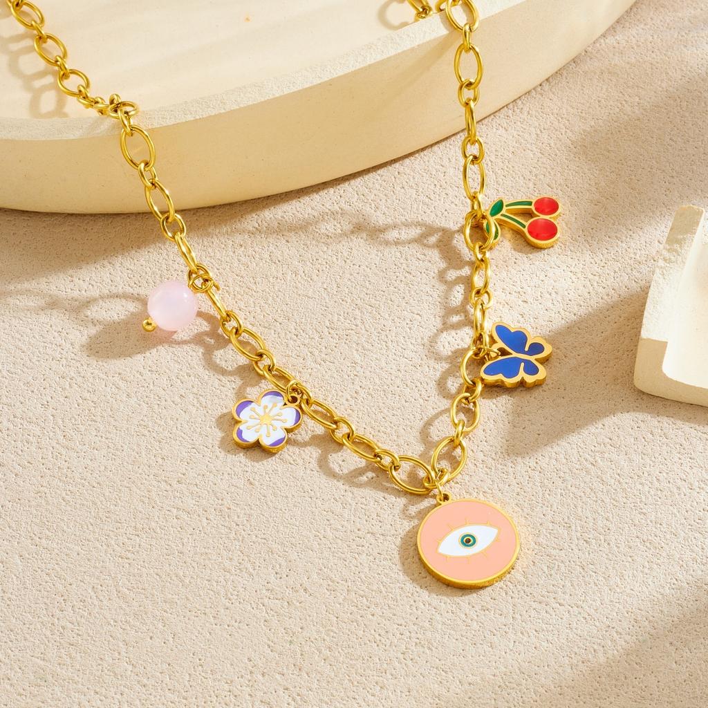 316L Stainless Steel Personalized Eye Colorful Flower Butterfly Cherry Pendant Necklace Women Waterproof Jewelry Gift